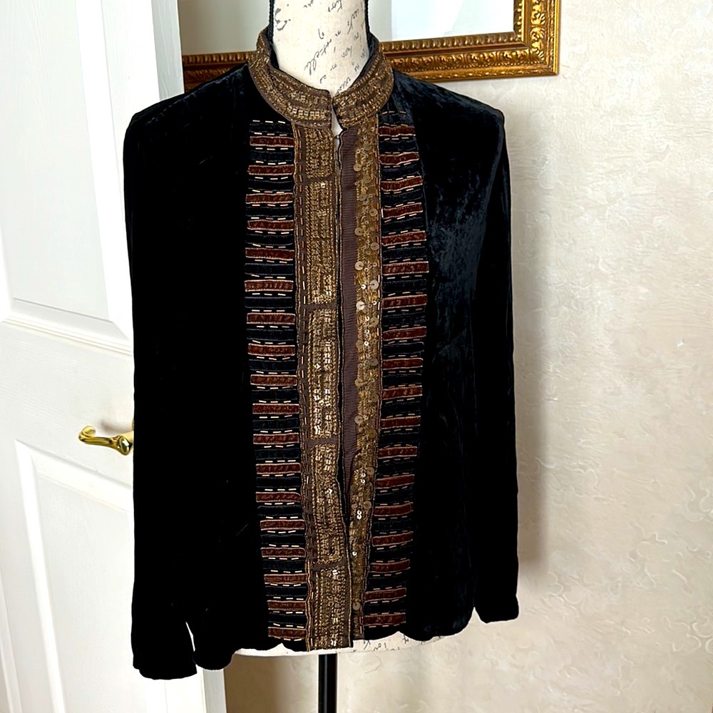Vintage Chicos black silk velvet appliqué bronze burgle beads DRY CLEANED